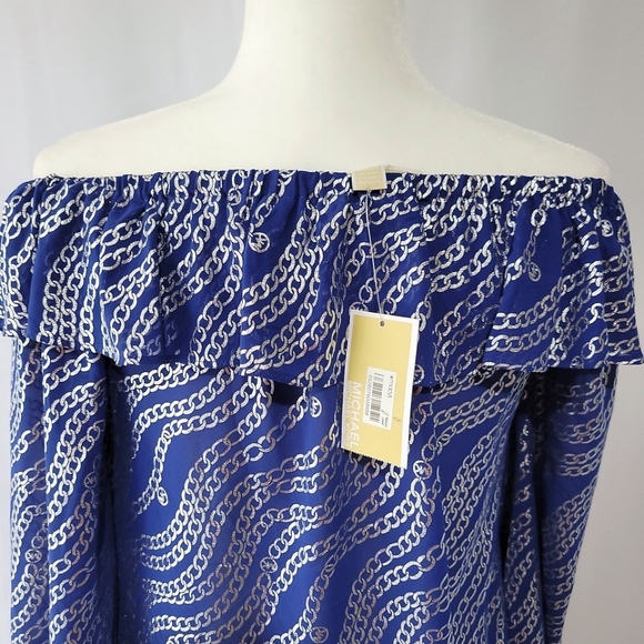 New Michael Kors Women's Blue Chain Print Off Shoulder Top Size Xsmall - Picture 9 of 15